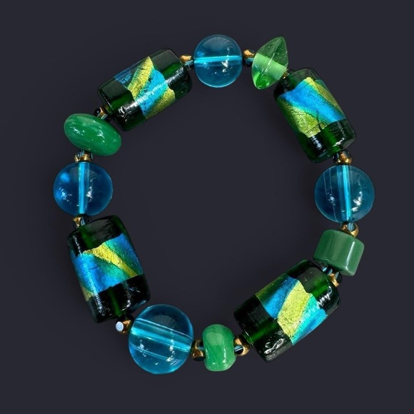 Blue Green Chunky Glass Bead Bracelet - Picture 1 of 6